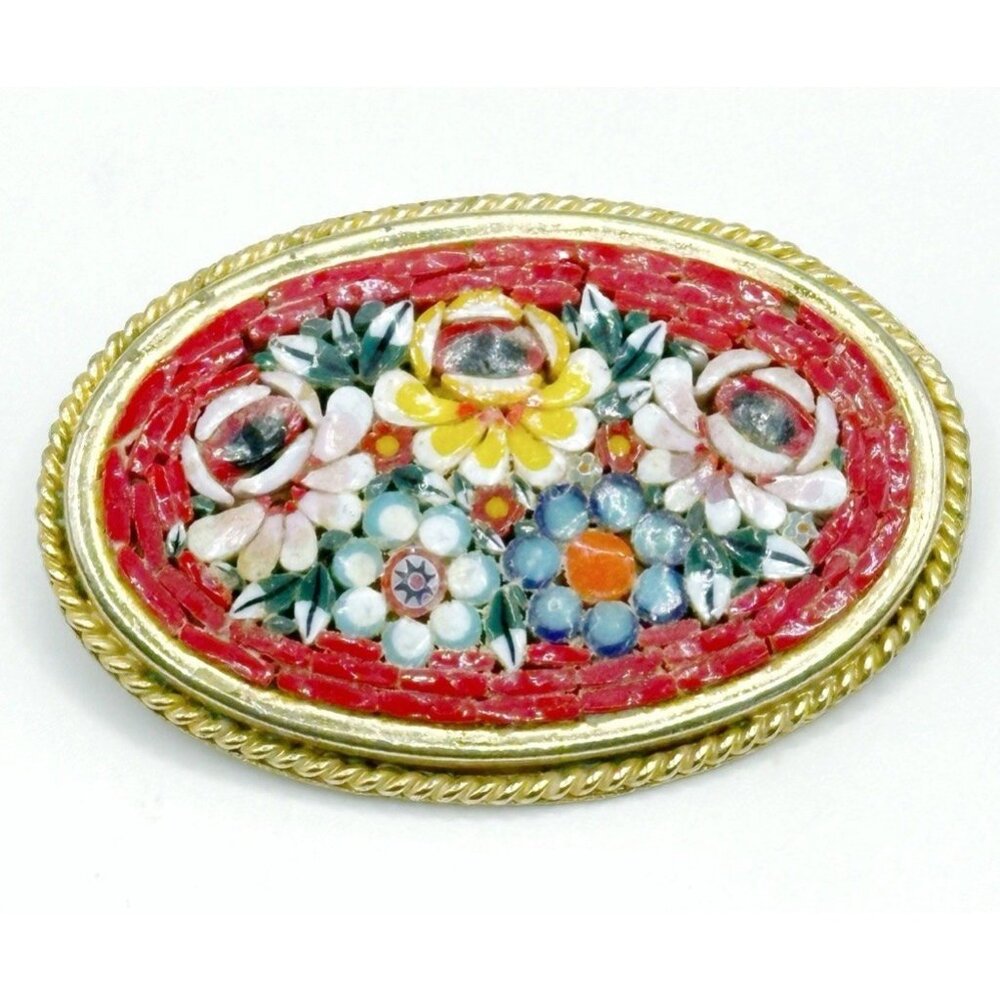 Micromosaic Italy Red with  Flowers Motif Oval ‎ Brooch Millefiori Vintage